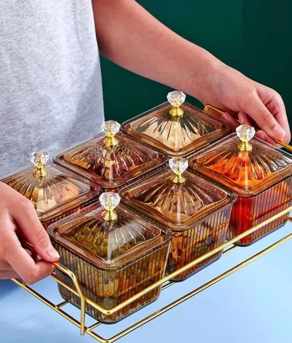 GR8INDIA®_Snacks_Serving_Tray_Set,_6_Serving_Bowls_with_Lids_-_Divided_Serving_Dishes_Snack_Bowls_for_Dry_Fruits,_Namkeen,_Candy,_Condiments_|_Food_Grade_Plastic_Bowls_Over_Metal_Wire_Tray_PTY12