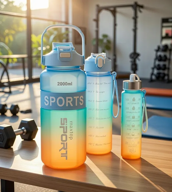 GR8INDIA®_Supercool_3-in-1_Water_Bottle_Set,_2000ML_+_900_ML_+_300_ML_Assorted_Bottles,_Leakproof_Reusable_Drinking_Bottles_with_Multi-Lid_Options,_Durable_Sports/Gym/Travel_Bottle