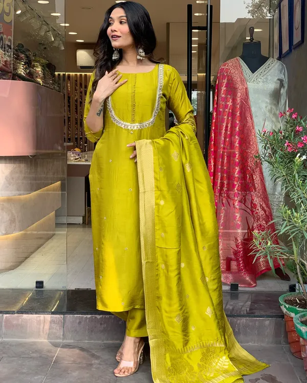 Mustard_Silk_3_Piece_Kurti_Set__and_Banarasi_Dupatta_Wear_for_Women