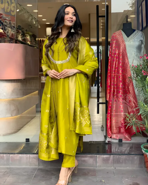Mustard_Silk_3_Piece_Kurti_Set__and_Banarasi_Dupatta_Wear_for_Women