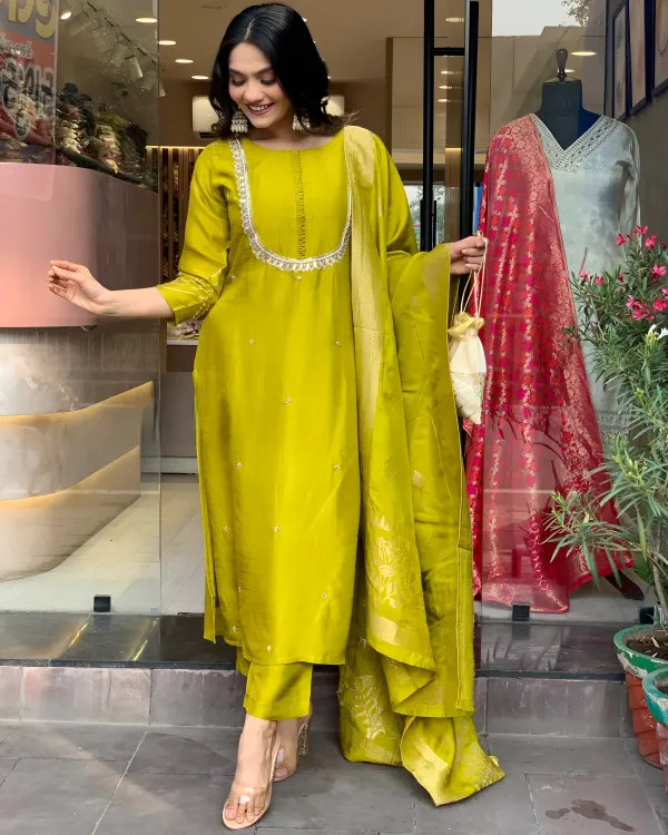 Mustard_Silk_3_Piece_Kurti_Set__and_Banarasi_Dupatta_Wear_for_Women