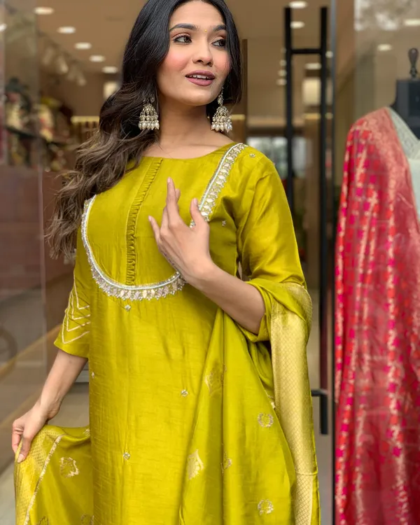 Mustard_Silk_3_Piece_Kurti_Set__and_Banarasi_Dupatta_Wear_for_Women