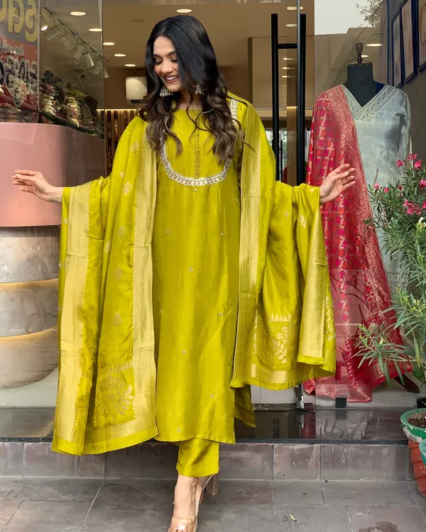 Mustard_Silk_3_Piece_Kurti_Set__and_Banarasi_Dupatta_Wear_for_Women