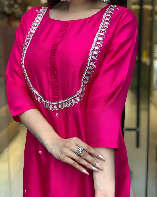 Elegant_Rani_Pink_Mirror_Work_3_Piece_Kurti_with_Pant_&_Banarasi_Dupatta_Set_For_Women