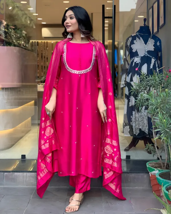 Elegant_Rani_Pink_Mirror_Work_3_Piece_Kurti_with_Pant_&_Banarasi_Dupatta_Set_For_Women