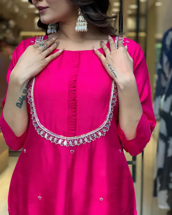 Elegant_Rani_Pink_Mirror_Work_3_Piece_Kurti_with_Pant_&_Banarasi_Dupatta_Set_For_Women