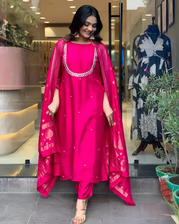 Elegant_Rani_Pink_Mirror_Work_3_Piece_Kurti_with_Pant_&_Banarasi_Dupatta_Set_For_Women