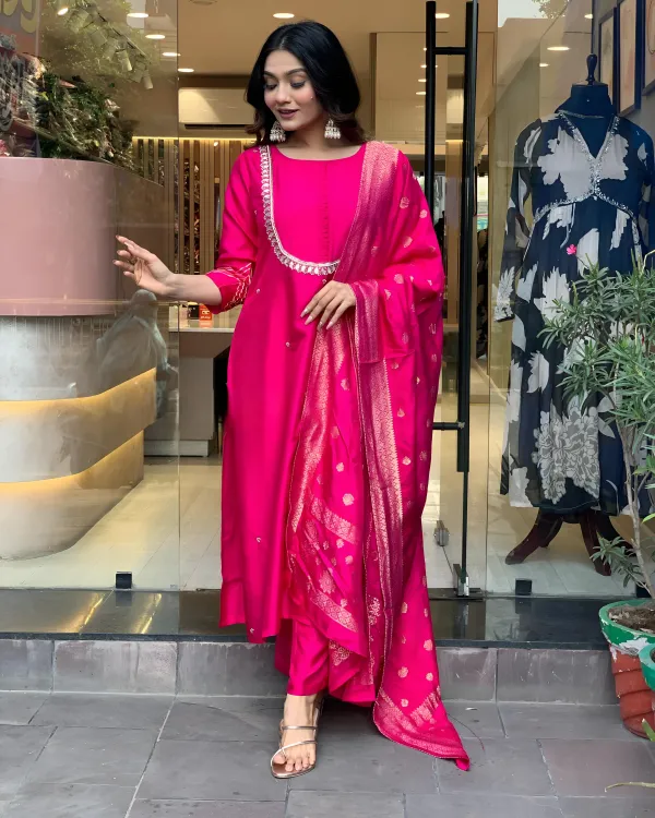 Elegant_Rani_Pink_Mirror_Work_3_Piece_Kurti_with_Pant_&_Banarasi_Dupatta_Set_For_Women