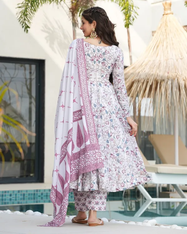 White_&_Lavender_Floral_3_Piece_Kurti_Set_with_Printed_Dupatta_For_Women