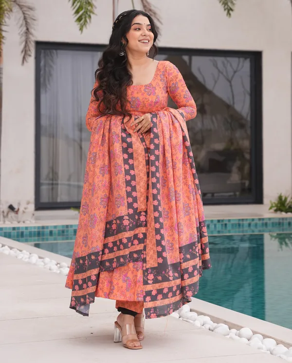 Peach_Orange_Floral_Anarkali3_Piece__Kurti_Set_with_Dupatta_For_Women