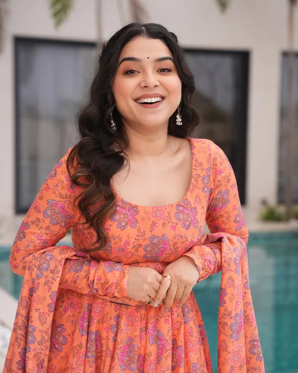 Peach_Orange_Floral_Anarkali3_Piece__Kurti_Set_with_Dupatta_For_Women