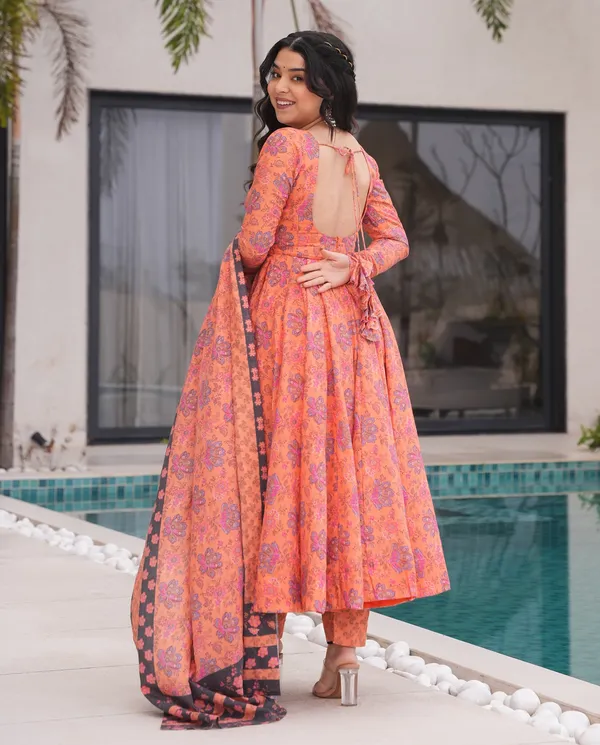 Peach_Orange_Floral_Anarkali3_Piece__Kurti_Set_with_Dupatta_For_Women