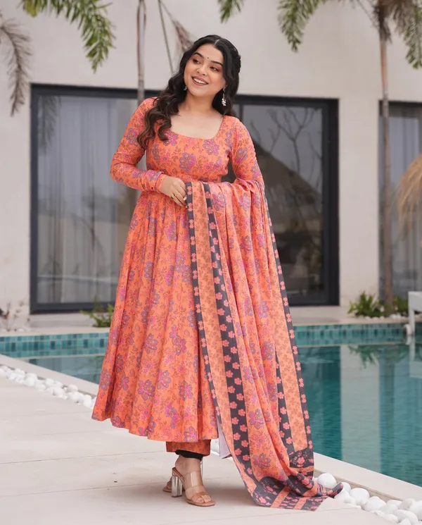 Peach_Orange_Floral_Anarkali3_Piece__Kurti_Set_with_Dupatta_For_Women