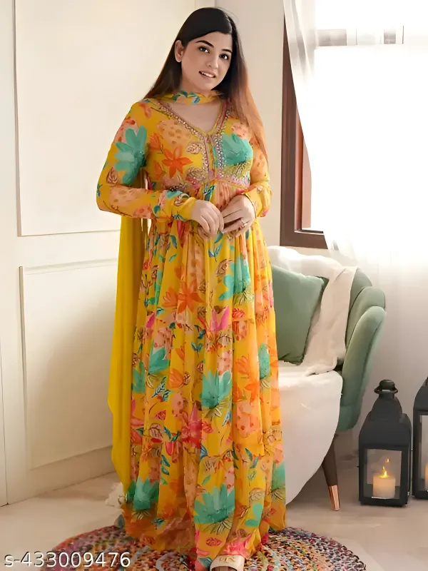 Yellow_Floral_Georgette_Anarkali_3_Piece__Kurti_Set_with_Dupatta_For_Women