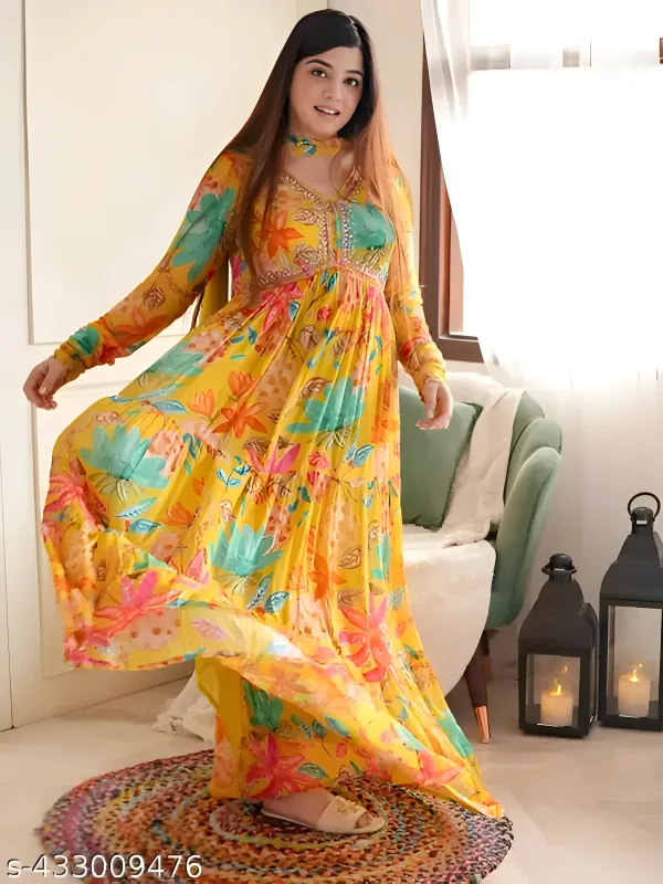 Yellow_Floral_Georgette_Anarkali_3_Piece__Kurti_Set_with_Dupatta_For_Women