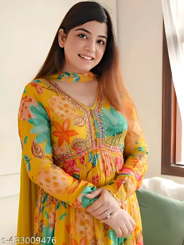 Yellow_Floral_Georgette_Anarkali_3_Piece__Kurti_Set_with_Dupatta_For_Women