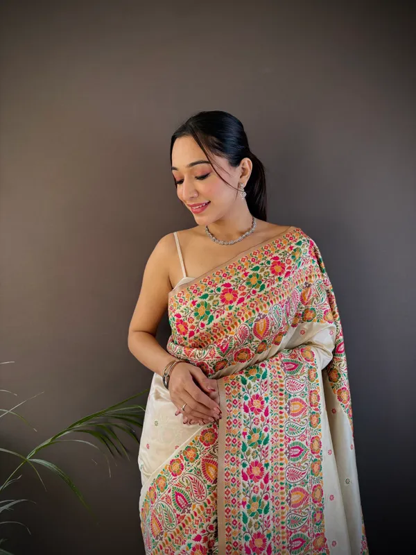 White_Pashmina_Blush_Exquisite_Natural_Beige_Tussar_Silk_Saree_Showcasing_Authentic_Hand-Woven