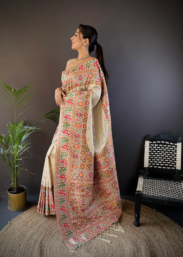 White_Pashmina_Blush_Exquisite_Natural_Beige_Tussar_Silk_Saree_Showcasing_Authentic_Hand-Woven