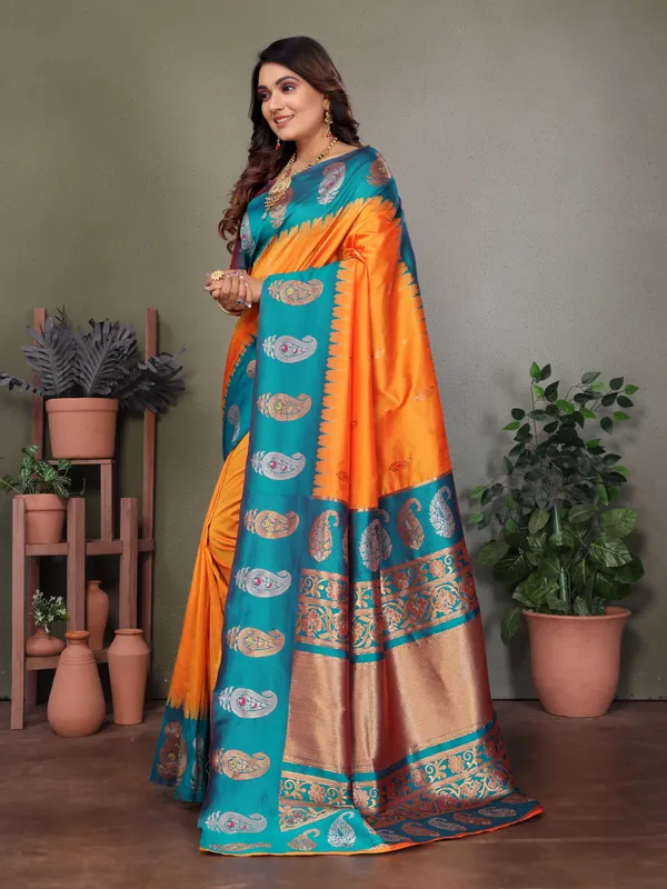 Orange_&_Teal_Blue_Banarasi_Saree_With_Teal_Zari_Weave