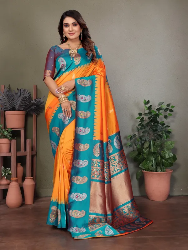 Orange_&_Teal_Blue_Banarasi_Saree_With_Teal_Zari_Weave