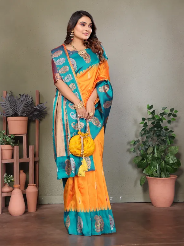 Orange_&_Teal_Blue_Banarasi_Saree_With_Teal_Zari_Weave