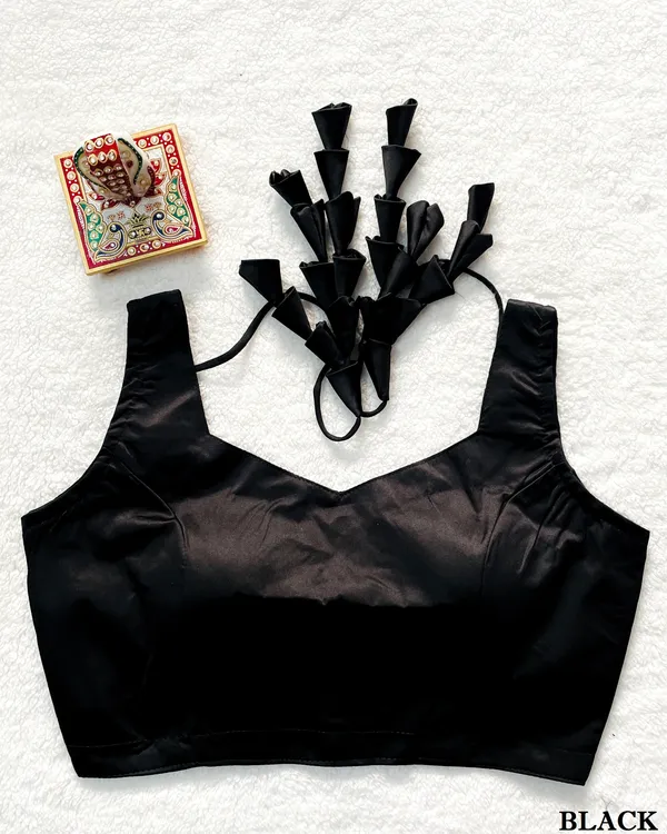 Black_Plain_Milan_Stitched_Silk_Blouse_with_Fabric_Petal/Cone_Embellished_Dori_Tie-up