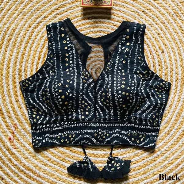 Black_Rayon_Cotton_Bandhani_Print_Sleeveless_Blouse_with_Keyhole_Neck_and_Tassel_Tie-Up