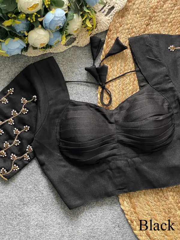 Black_Silk_Blend_Pleated_Designer_Blouse_with_Pearl_Embroidered_Sleeves_and_Tie-Back_Tassels