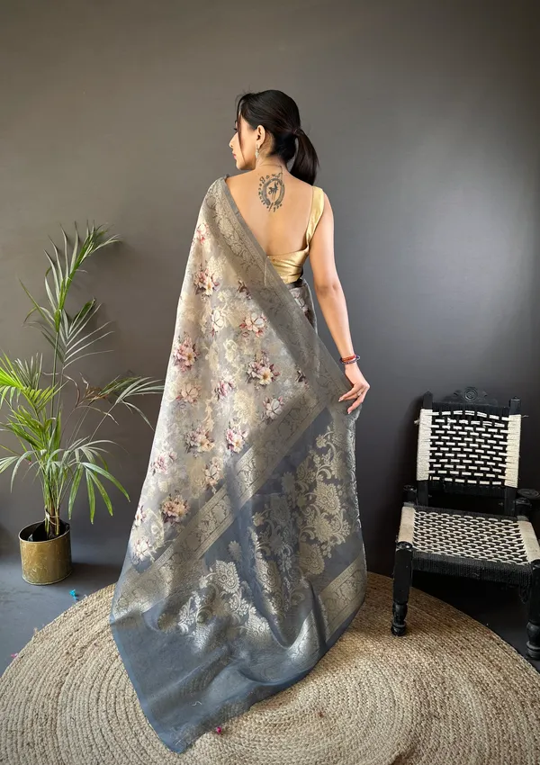 Charcoal_Grey_Floral_Printed_Saree_With_Zari_Border