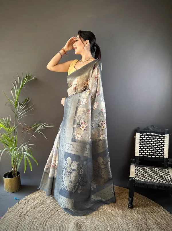 Charcoal_Grey_Floral_Printed_Saree_With_Zari_Border