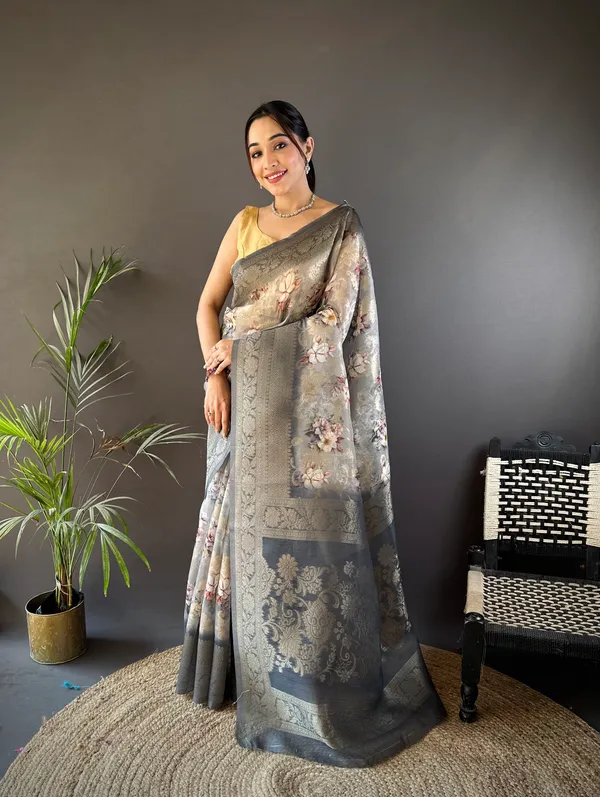 Charcoal_Grey_Floral_Printed_Saree_With_Zari_Border