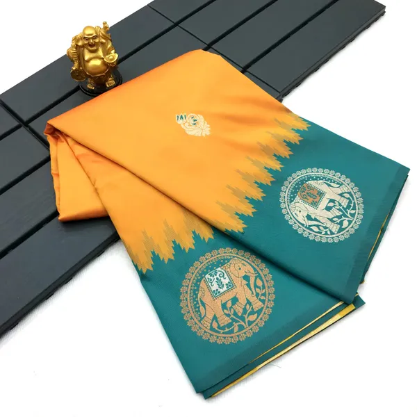 Radiant_Orange_&_Teal_Blue_Silk_Saree_With_Intricate_Temple_Border_And_Traditional