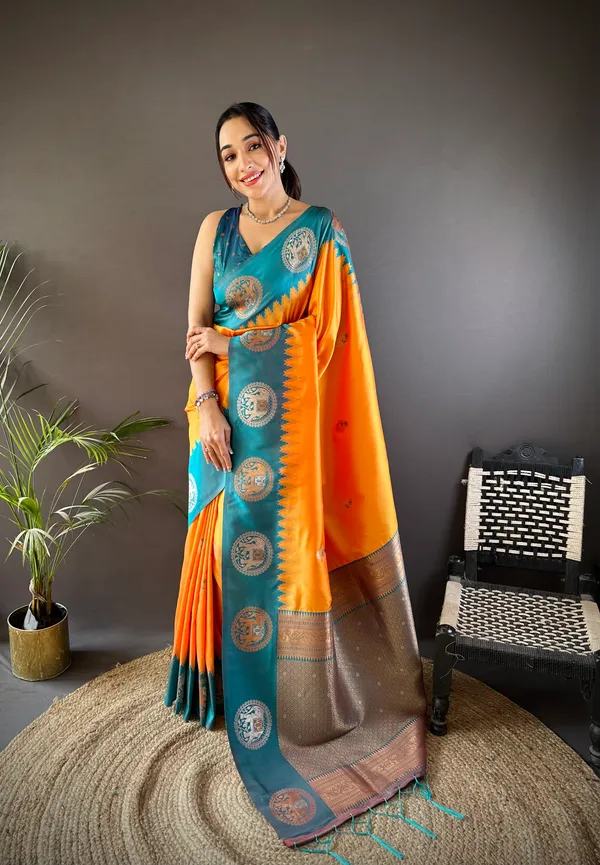 Radiant_Orange_&_Teal_Blue_Silk_Saree_With_Intricate_Temple_Border_And_Traditional