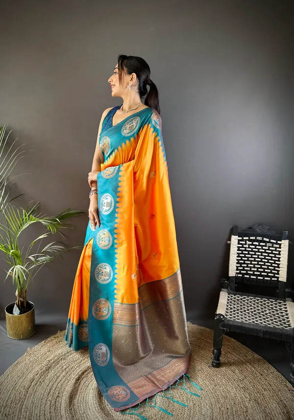 Radiant_Orange_&_Teal_Blue_Silk_Saree_With_Intricate_Temple_Border_And_Traditional