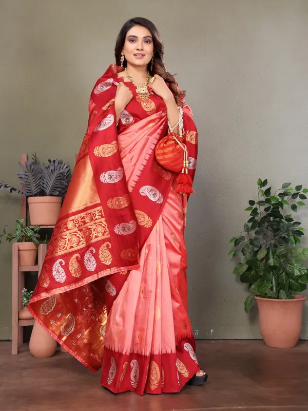 Peach_Pink_&_Light_Pink_Festive_Saree_With_Rich_Red_Pallu
