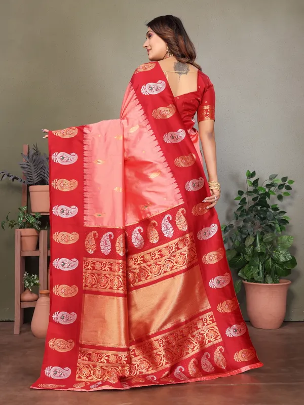 Peach_Pink_&_Light_Pink_Festive_Saree_With_Rich_Red_Pallu