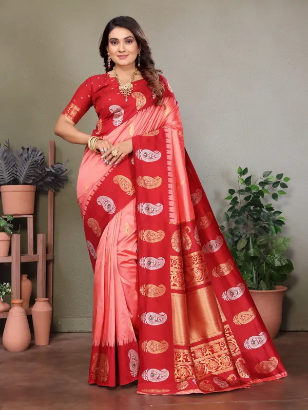 Peach_Pink_&_Light_Pink_Festive_Saree_With_Rich_Red_Pallu