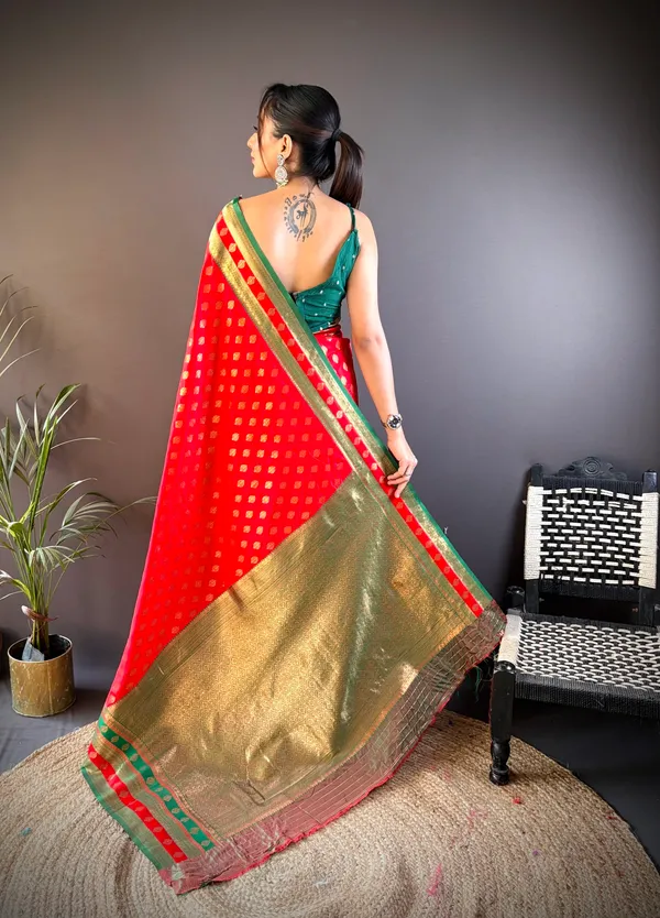 Red_With_A_Green_And_Gold_Border_Banarasi_Saree_With_Silver_Zari