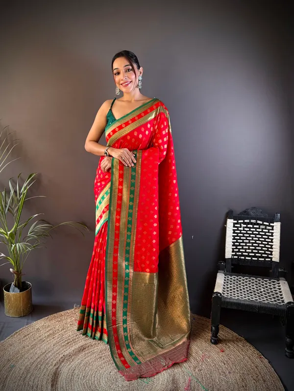 Red_With_A_Green_And_Gold_Border_Banarasi_Saree_With_Silver_Zari