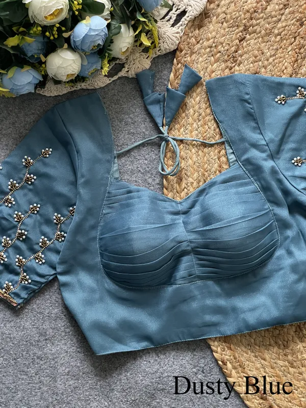 Dusty_Blue_Silk_Blend_Pleated_Designer_Blouse_with_Pearl_Embroidered_Sleeves_and_Tie-Back_Tassels