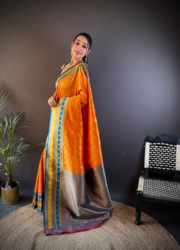 Yellow_&_Green_Elegant_Banarasi_Saree_With_Opulent_Red_And_Gold_Zari_Weaving