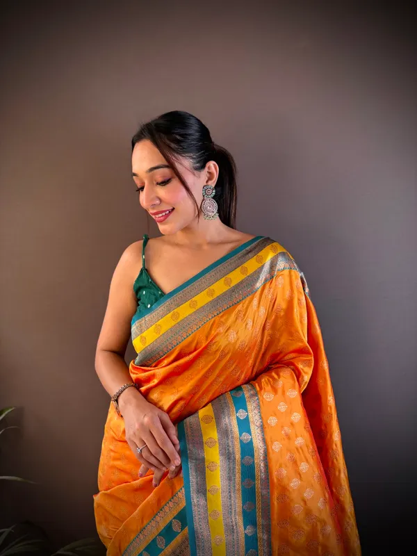 Yellow_&_Green_Elegant_Banarasi_Saree_With_Opulent_Red_And_Gold_Zari_Weaving