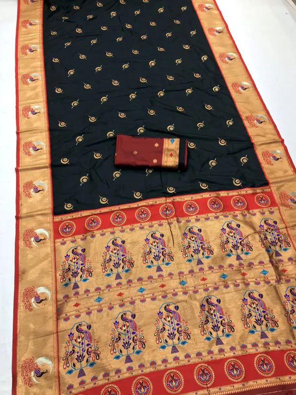 Ebony_Black_Elegant_Paithani_Silk_Saree_With_Vibrant_Peacock_And_Floral_Motifs