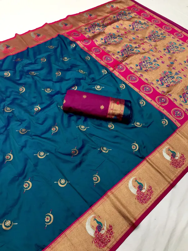 Plum_Purple_&_Bottle_Green_Elegant_Silk_Saree_With_Golden_Accents_And_Traditional_Motifs