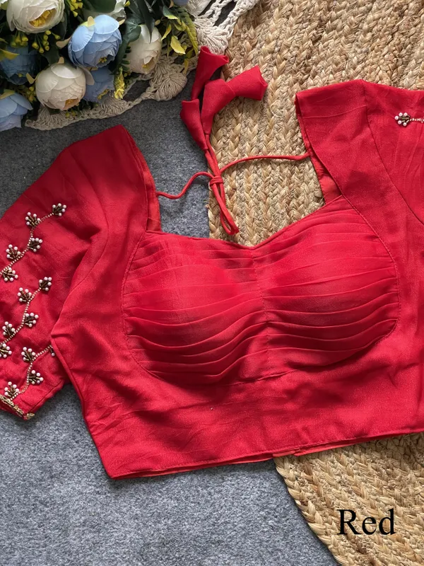 Elegant_Red_Silk_Blend__with_Pleated_Front_Detailing,_Embroidered_Pearl_Work_Sleeves,_and_Tie-Back_Closure