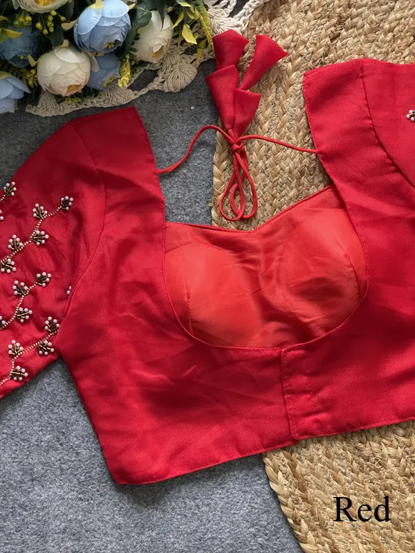Elegant_Red_Silk_Blend__with_Pleated_Front_Detailing,_Embroidered_Pearl_Work_Sleeves,_and_Tie-Back_Closure