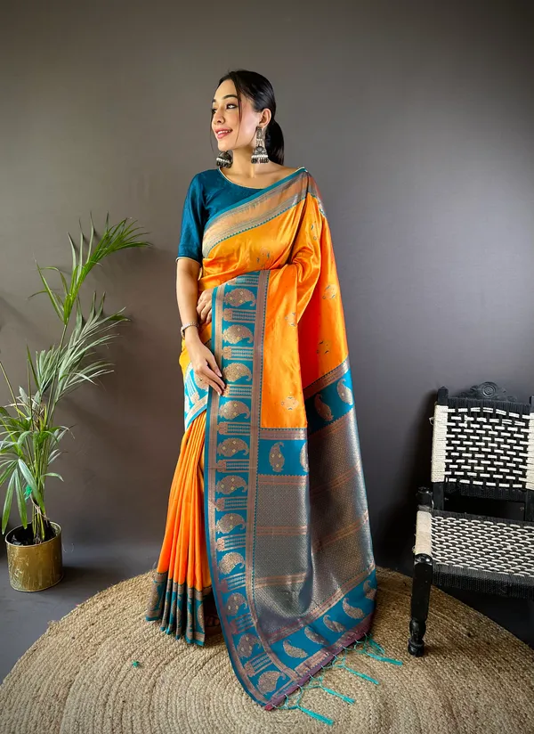Orange_&_Pallu_In_Blue_Elegant_Silk_Saree_With_Contrasting_Red_Pallu_And_Zari_Work