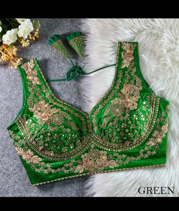 Emerald_Green_Velvet_Blouse_Sequins,_and_a_Deep_Scalloped_V-Neckline_with_a_Dori_Tie-Up_Back.