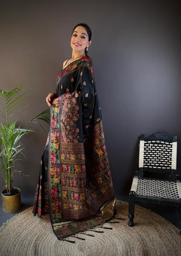 Black_Midnight_Bloom_Exquisite_Ebony_Patola_Silk_Saree_With_Vibrant_Multi-Hued_Animal