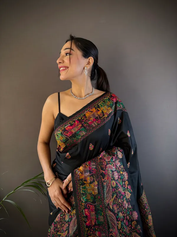 Black_Midnight_Bloom_Exquisite_Ebony_Patola_Silk_Saree_With_Vibrant_Multi-Hued_Animal